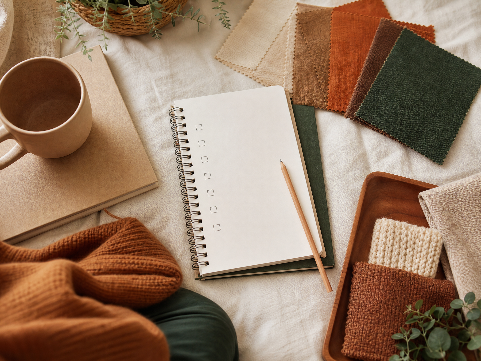 A calm flatlay of a notebook, warm fabric swatches and a pencil representing the Warmth Finder quiz