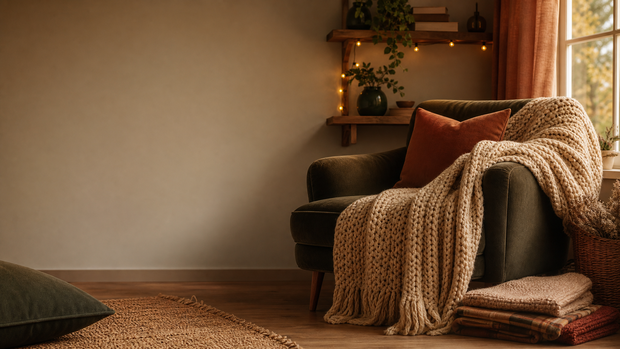 A cosy living room corner with a chunky knit throw over an armchair and warm string lights on a wooden shelf