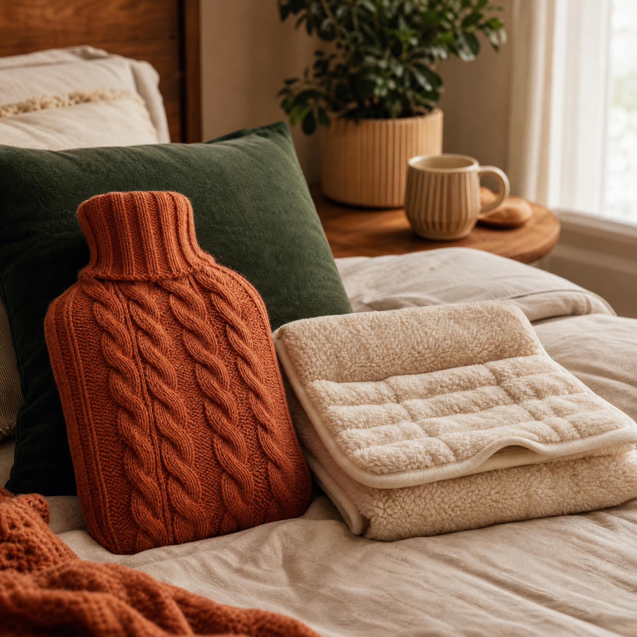 Bedtime Warmth Kit: a hot water bottle in a knitted cover beside a bed foot-warmer pad in warm evening light