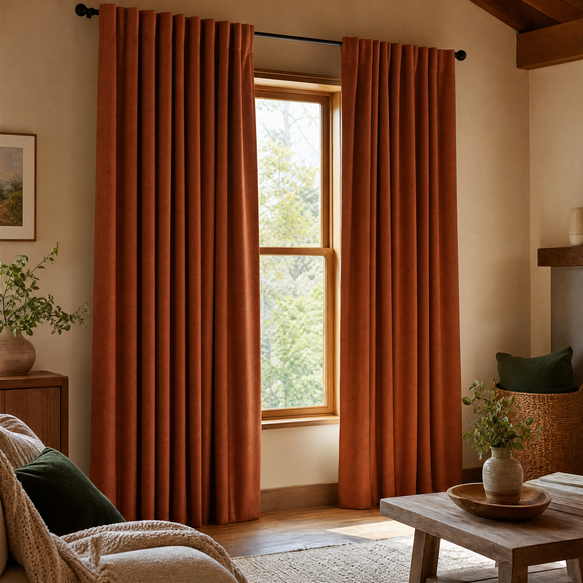 Cosy Curtain Bundle: a pair of thick terracotta thermal curtains hanging by a window in warm light