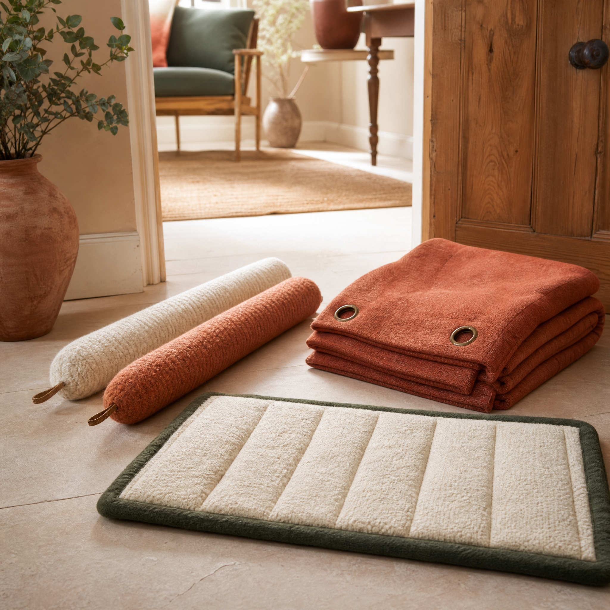 Draught-Free Doorway Bundle: door draught strips, a folded insulating door curtain and a floor draught mat