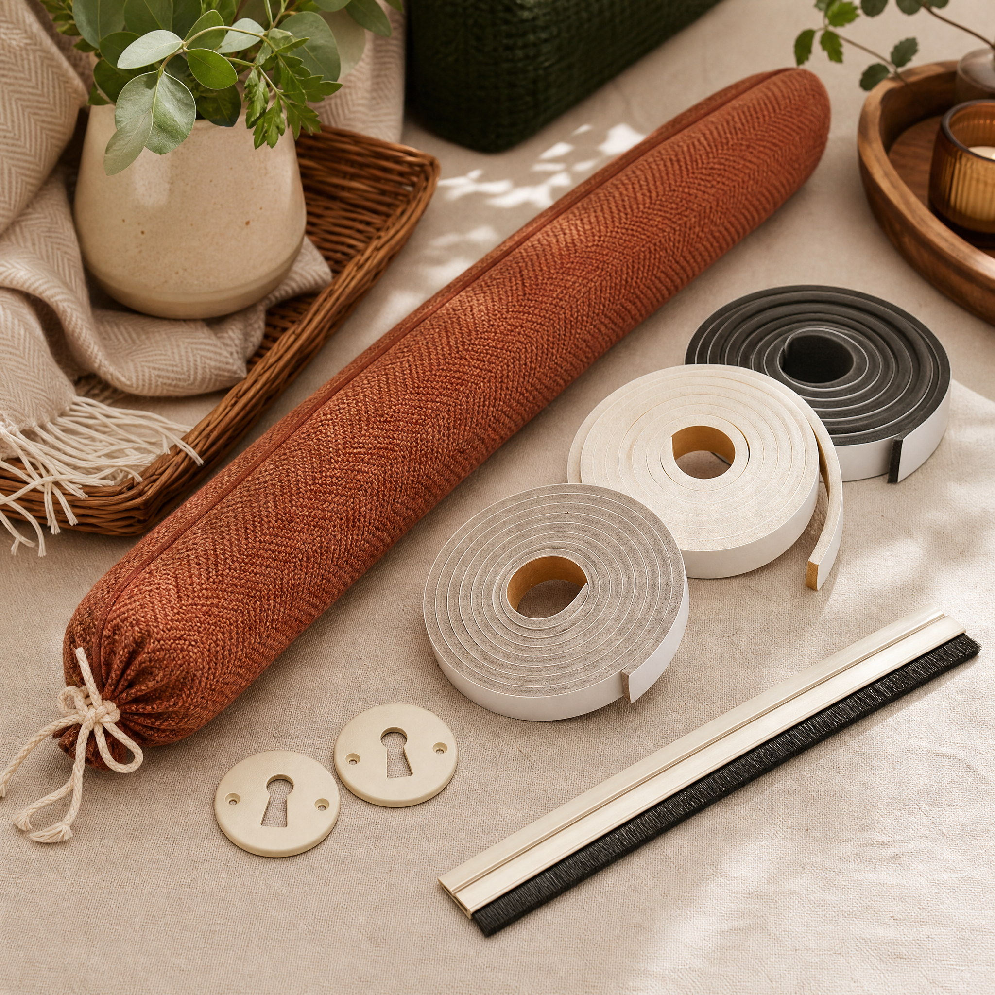 Draught Defender Kit flatlay: door draught excluder, foam sealing tape rolls, keyhole covers and a letterbox brush on cream linen