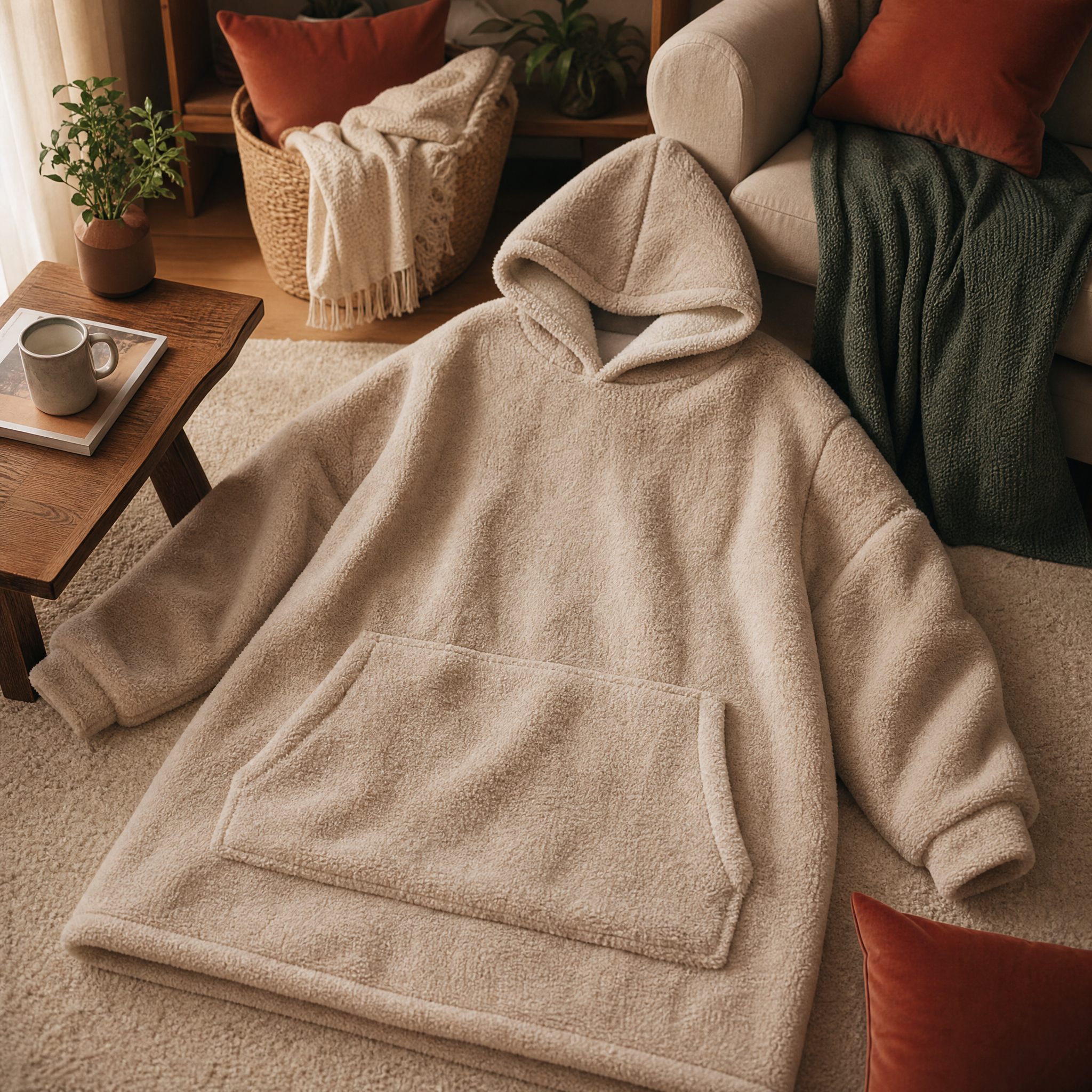 Wearable Hoodie Blanket in warm oatmeal laid flat showing the hood and front pocket