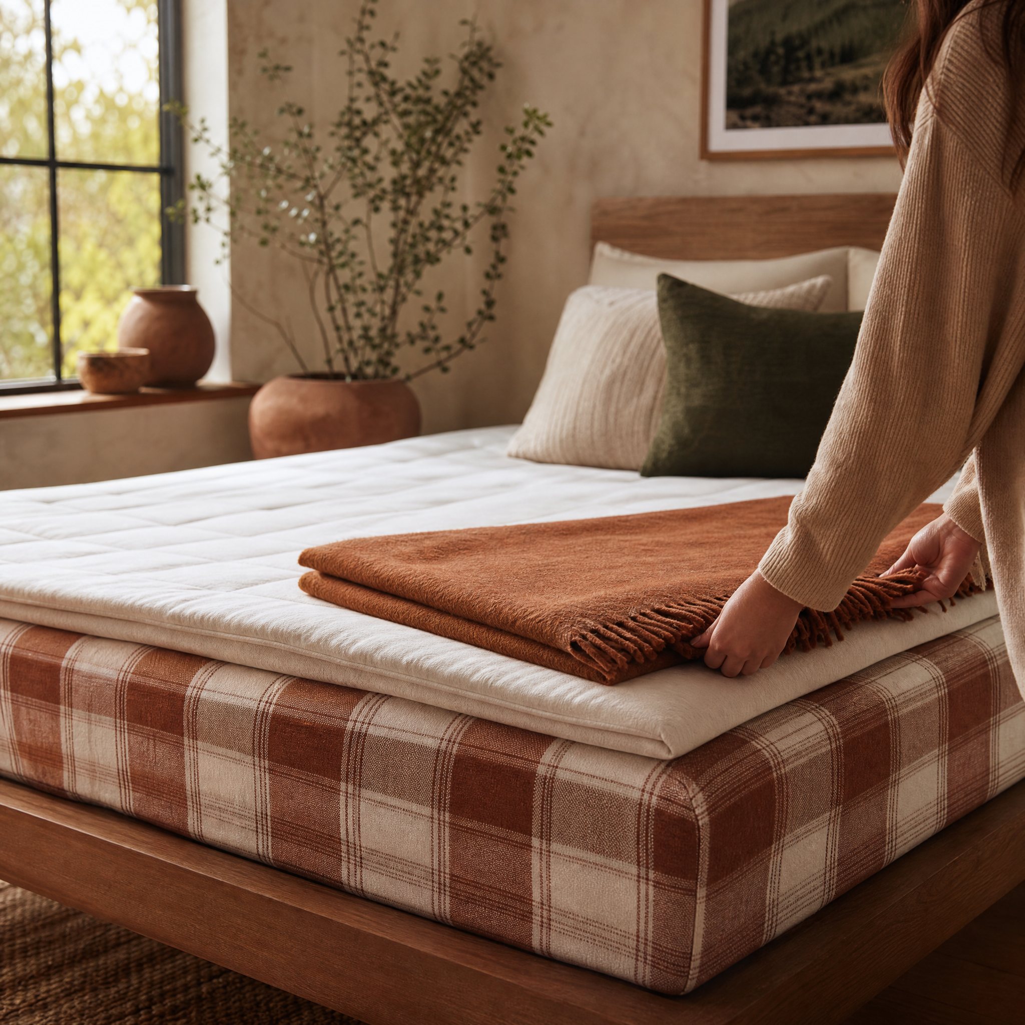 Layered Bed Warmth Bundle showing a mattress topper, flannel sheet and folded foot blanket in three layers