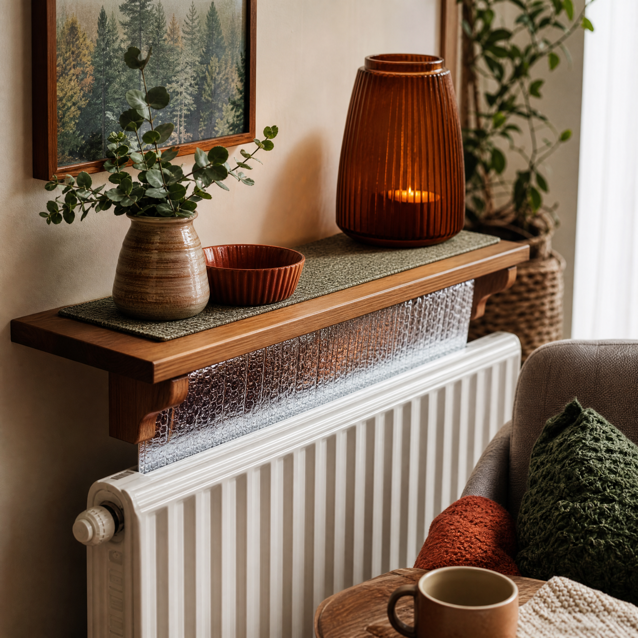 Radiator Shelf and Reflect Combo: a wooden shelf above a radiator with reflective foil behind it