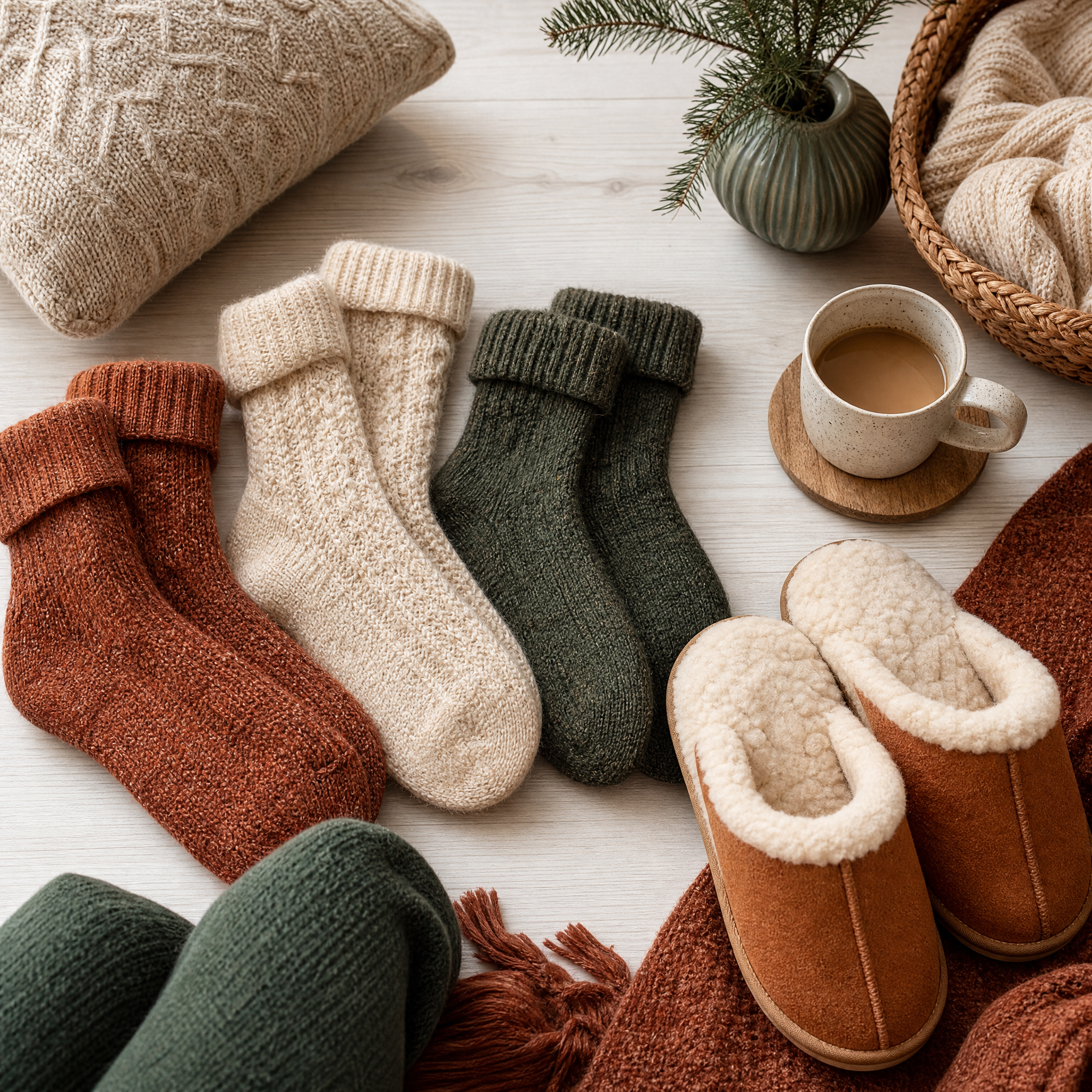 Warm Feet Set: three pairs of thick wool socks and fleece-lined slippers on cream wood