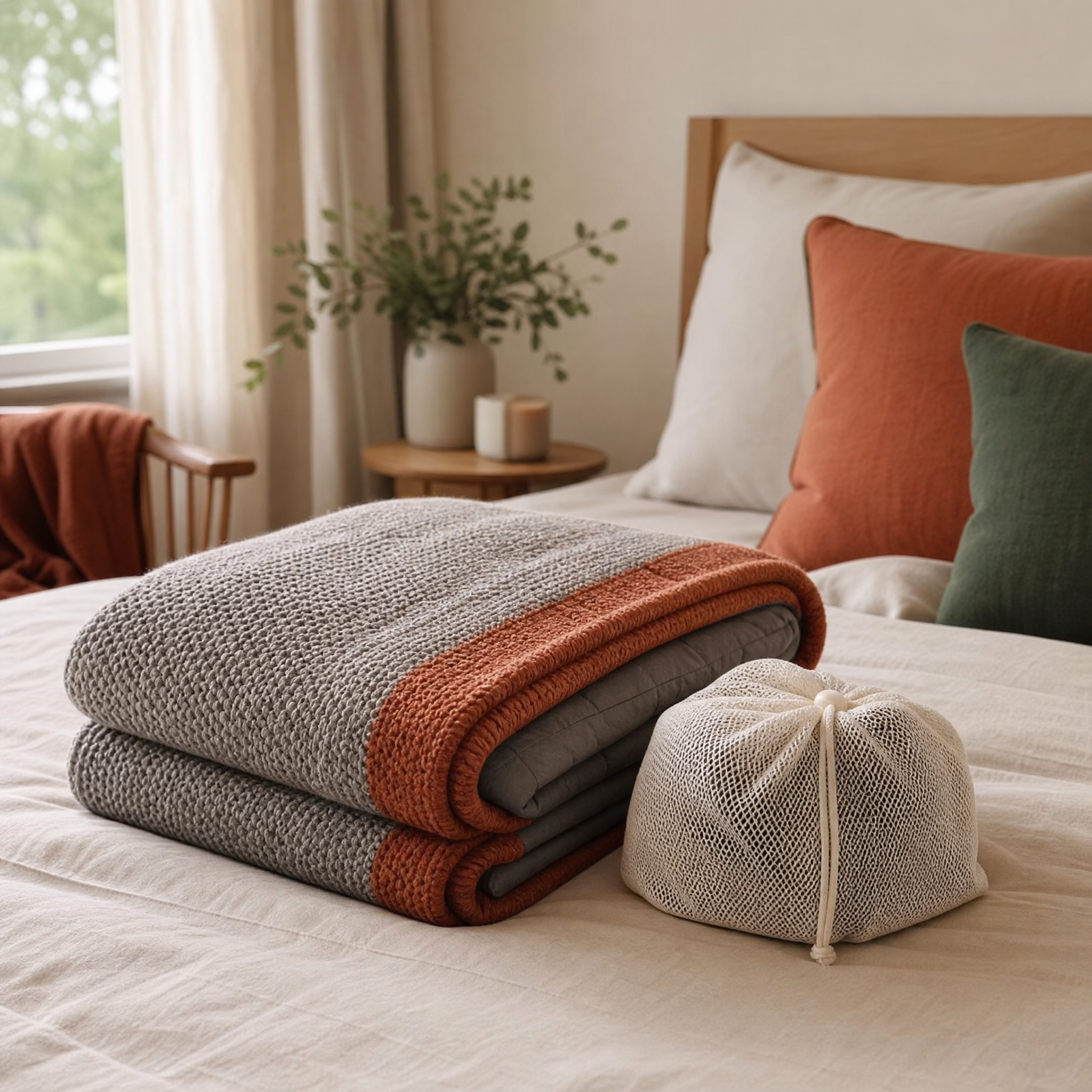 Weighted Comfort Blanket folded with its knit cover and a mesh wash bag on a softly lit bed