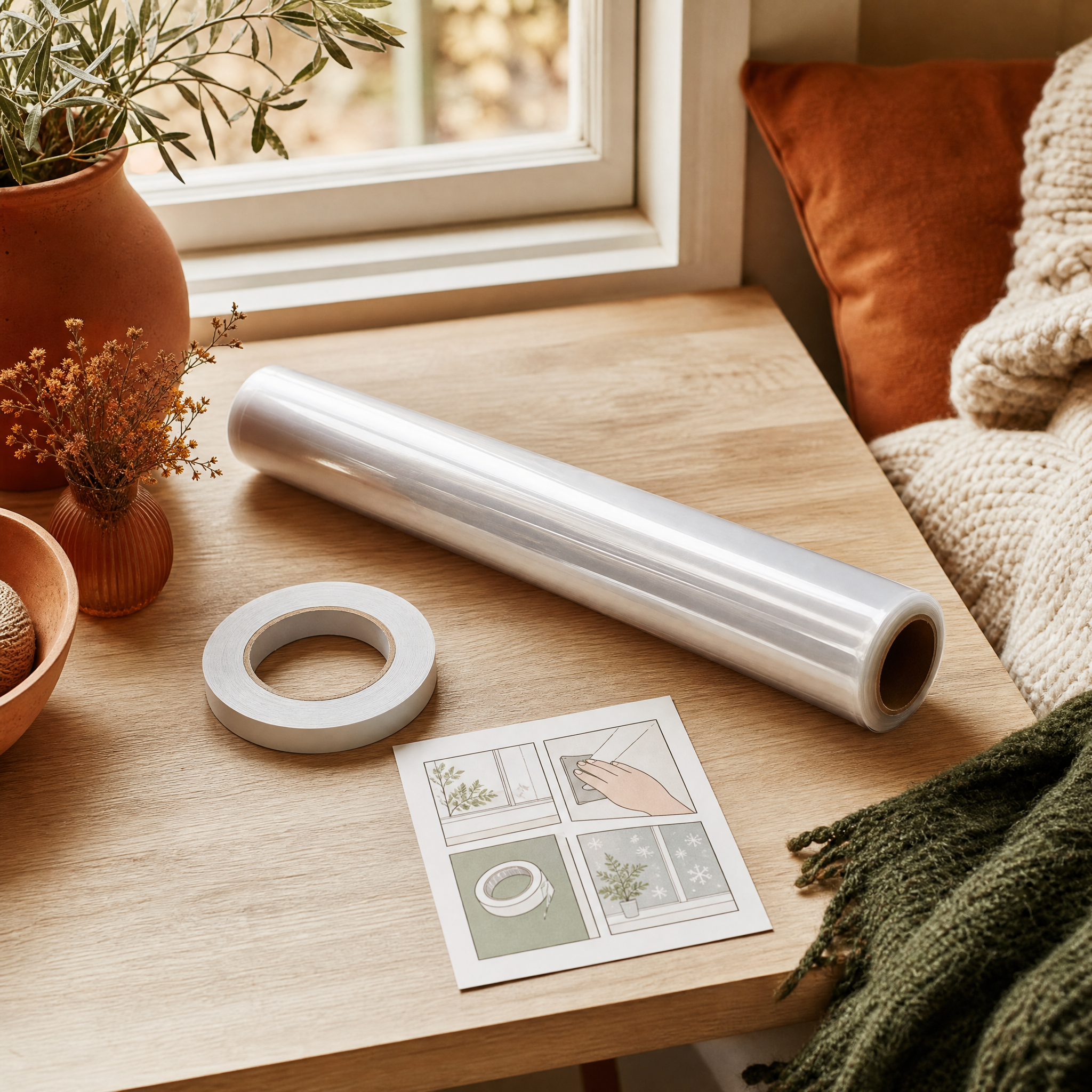 Window Warmth Kit: rolled clear insulation film, double-sided tape and an instruction card by a bright window