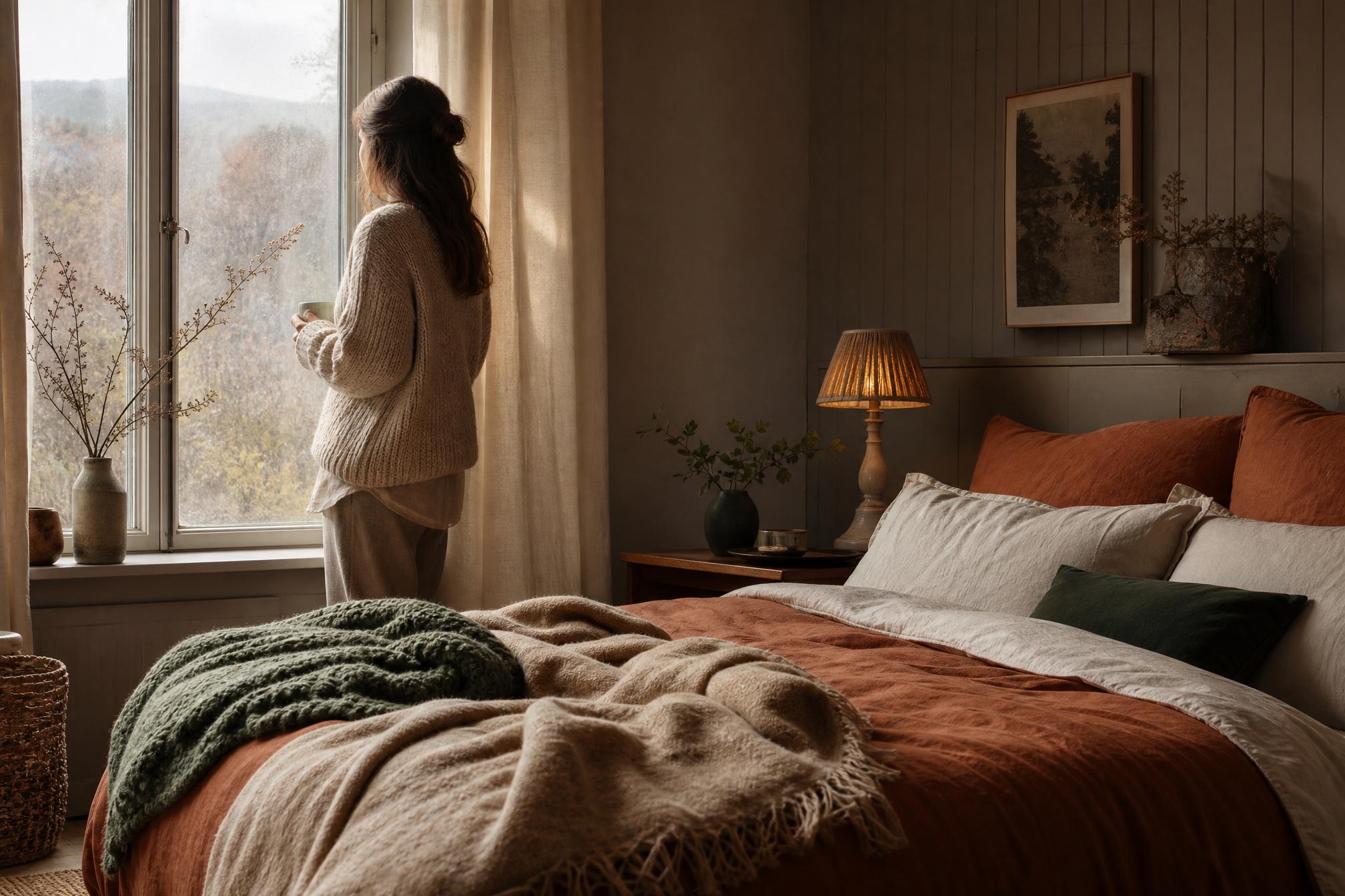 A cold bedroom by a single-glazed window made cosy with layered blankets