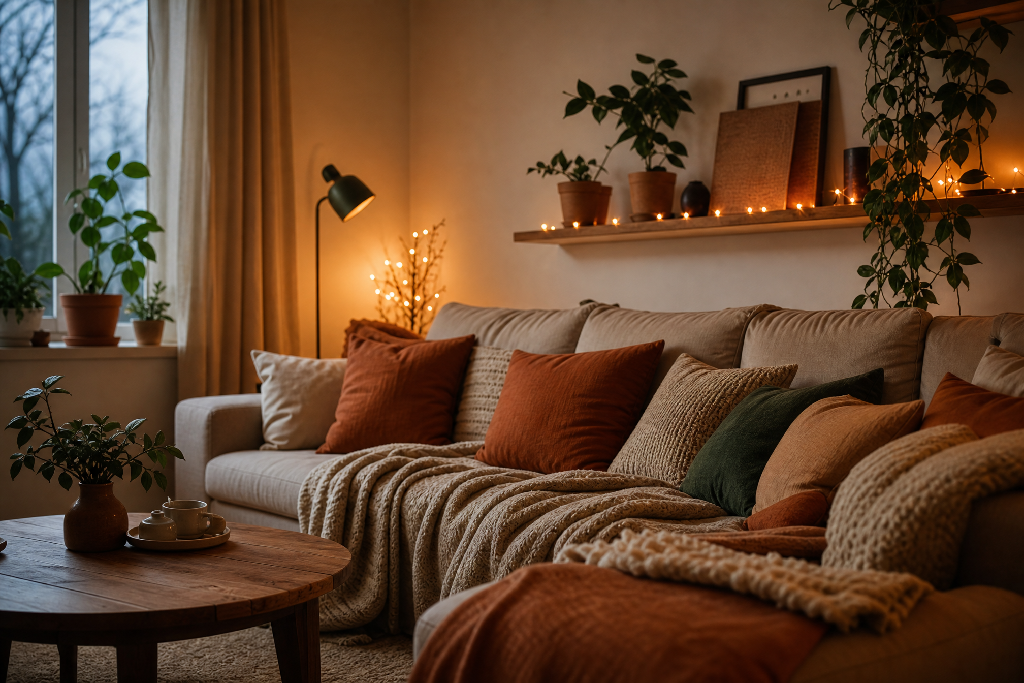 A cosy living room in the evening with warm string lights and layered blankets