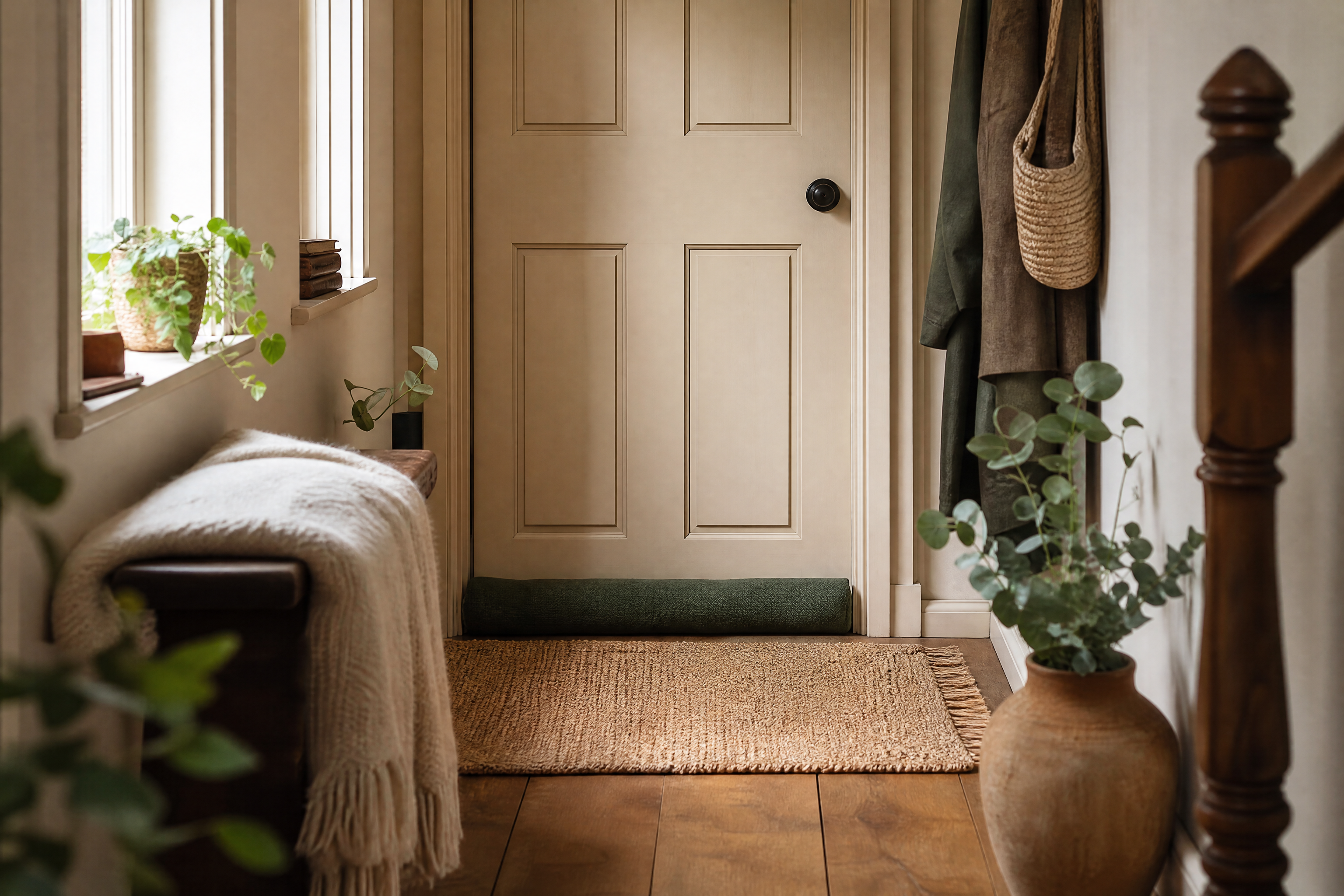A narrow hallway with a draught curtain and floor mat blocking cold air