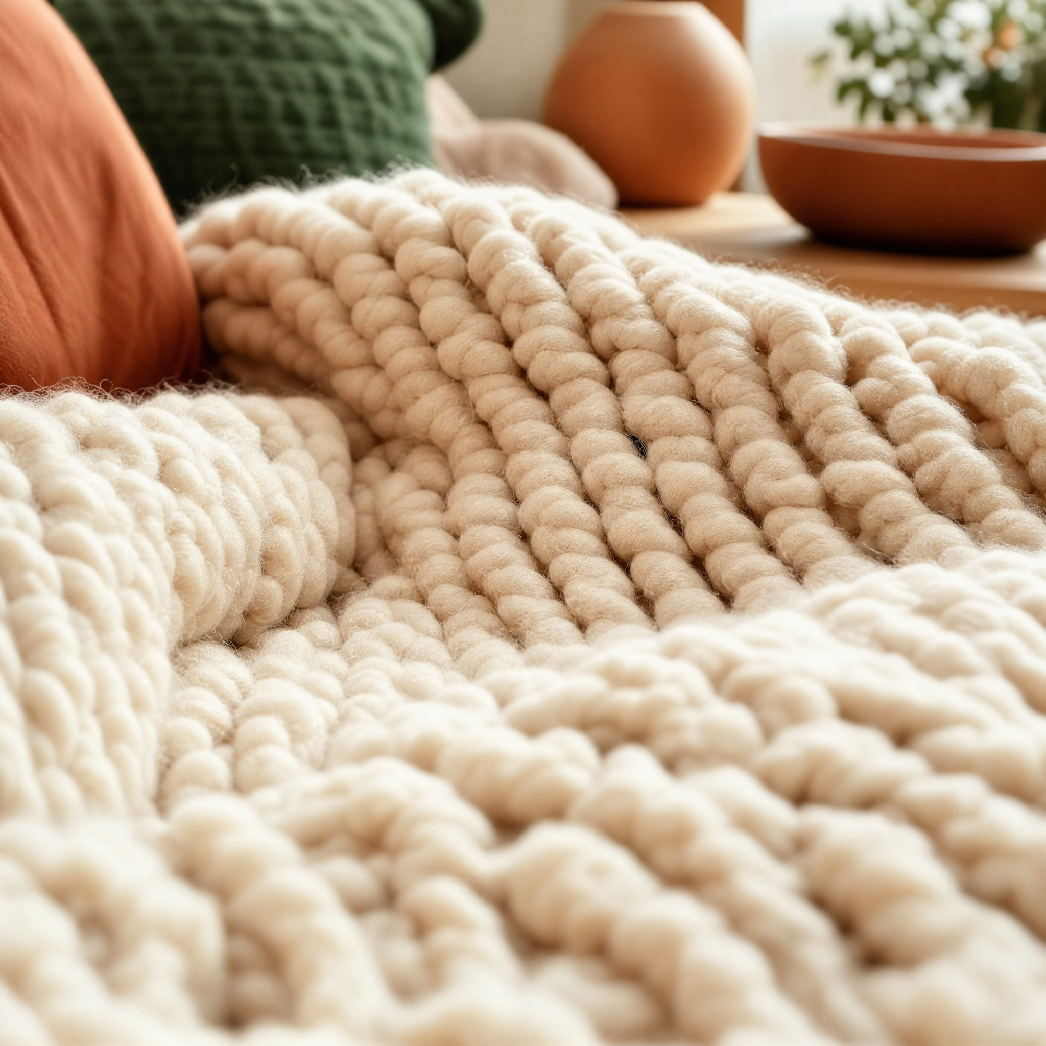Close-up of a chunky cream wool knit blanket texture in warm light